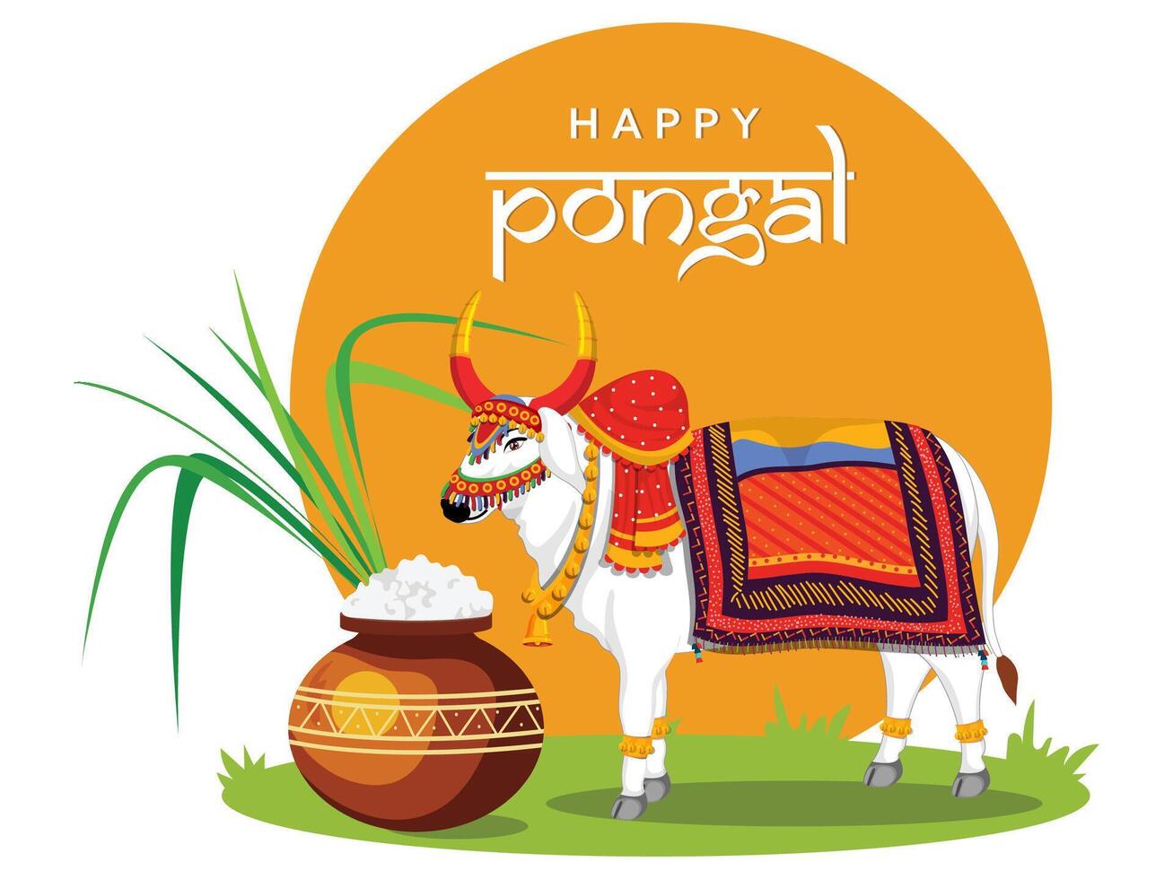 Happy Pongal Poster Design with Ox Character, Traditional Clay Pot of Rice Dish, Sugarcane on Background. vector