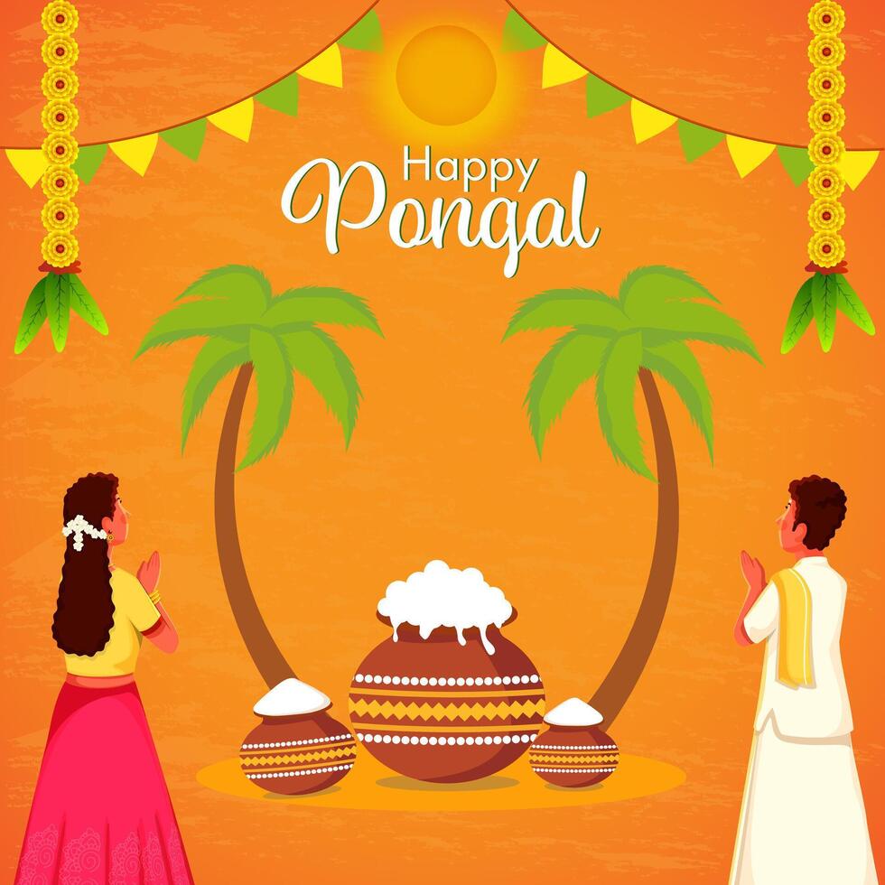Happy Pongal Celebration Background with South Indian Boy and Girl Greeting Deity Surya Worship and Traditional Clay Pot of Rice Dish. vector