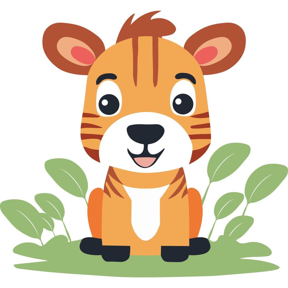 Cute Cartoon Tiger Cub Character Sitting on Nature Background. vector