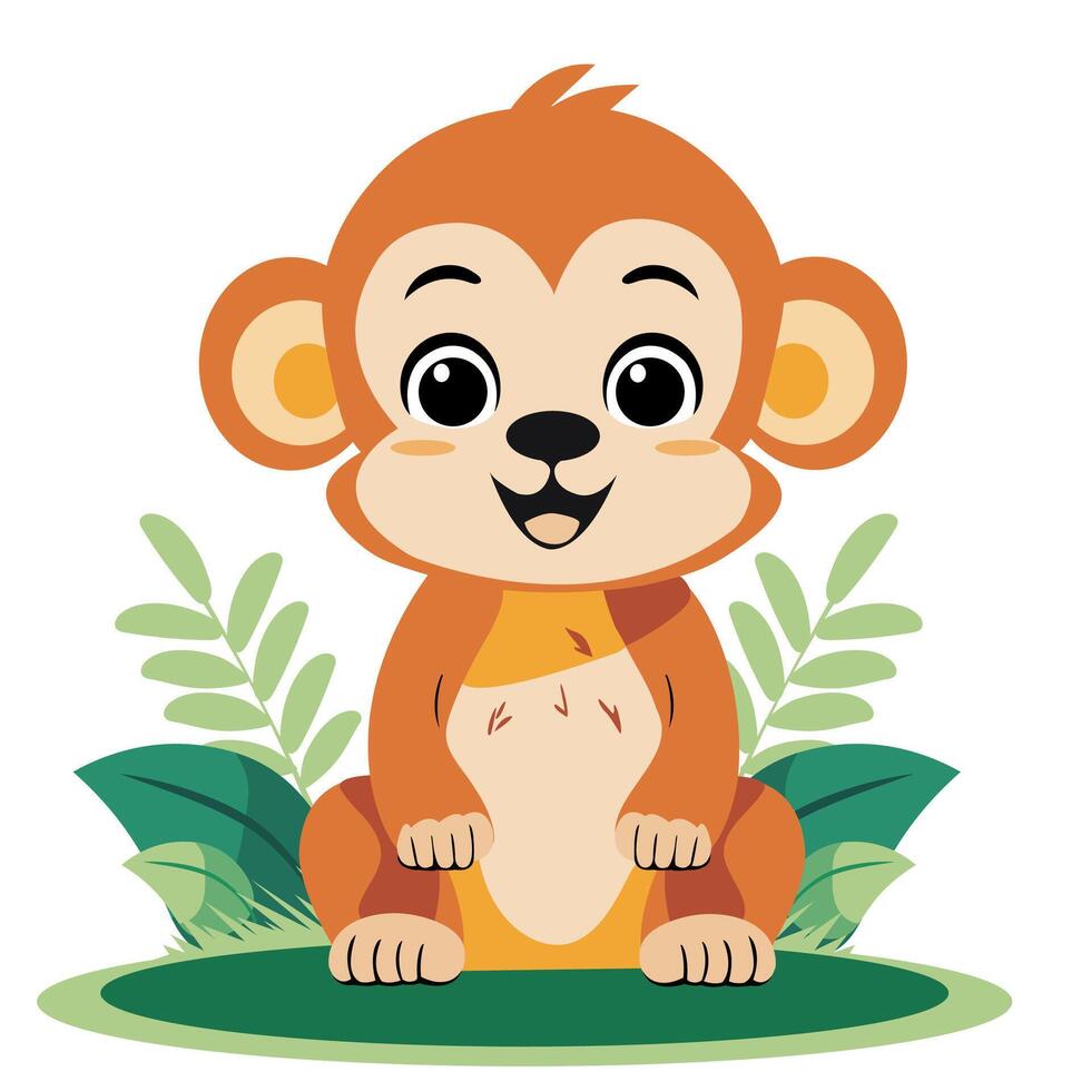 Cute Cartoon Monkey Character Sitting on Nature Background. vector