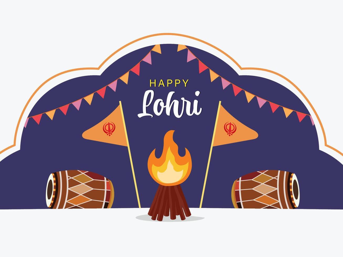 Happy Lohri Celebration Poster with Dhol Instruments, Bonfire, Khanda Flags and Bunting Flags Decorated Background. vector