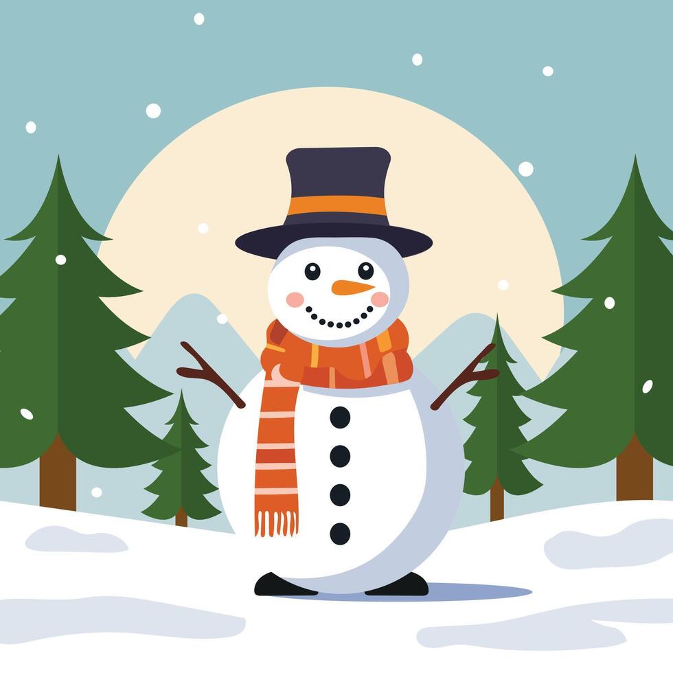 Merry christmas celebration with cute cartoon snowman in snowfall xmas tree background illustration. vector