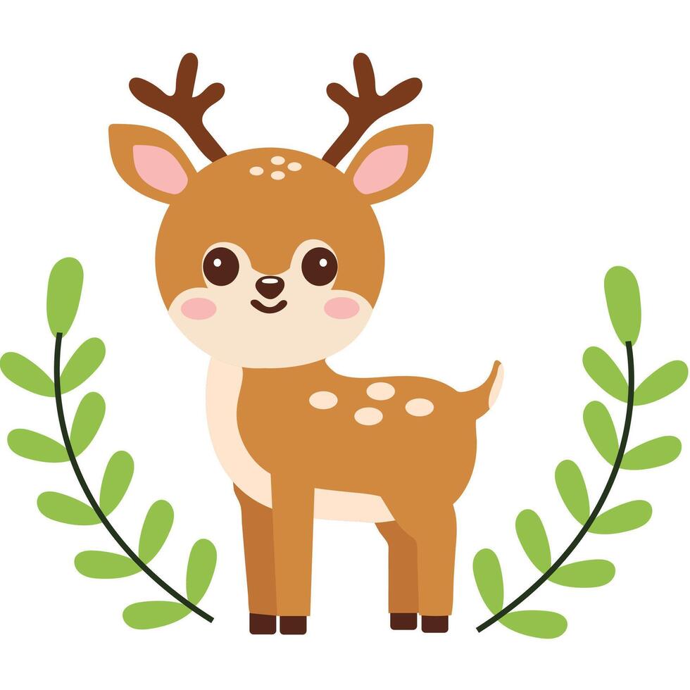 Cute Cartoon Reindeer Calf Character and Leaves on White Background. vector
