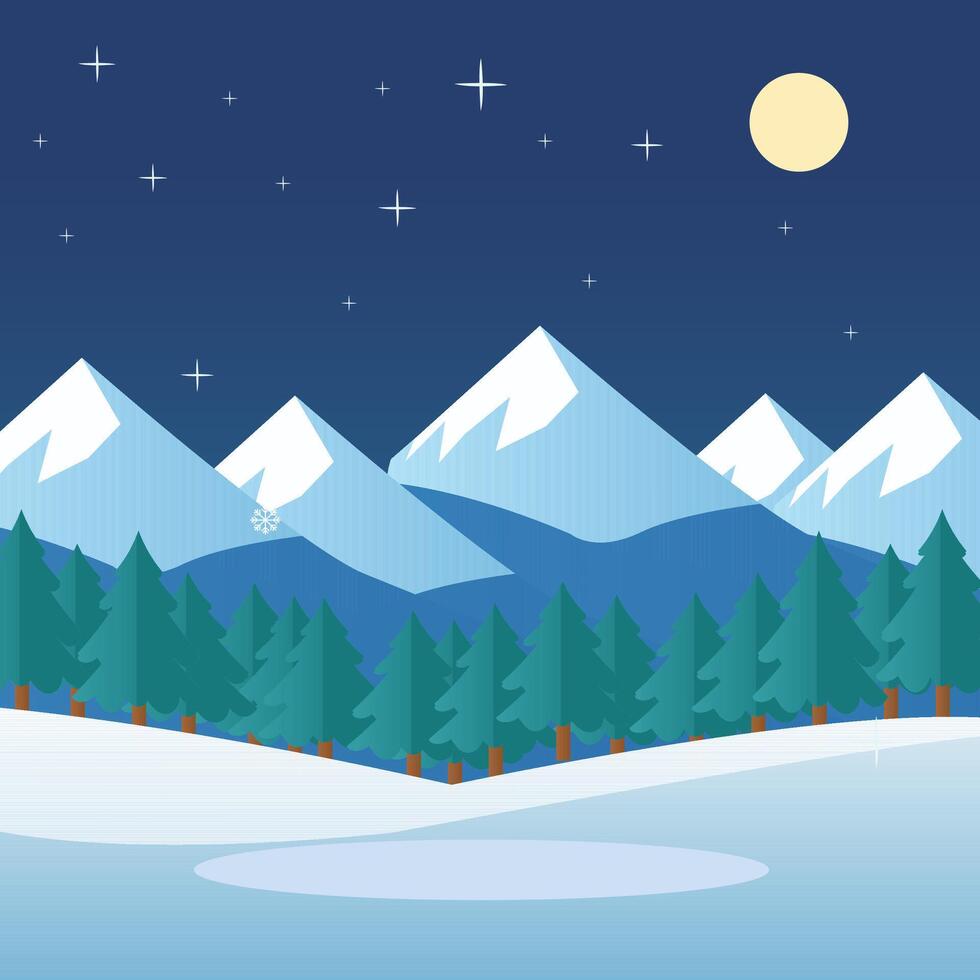 Beautiful christmas trees in snowfall winter mountain landscape illustration. vector