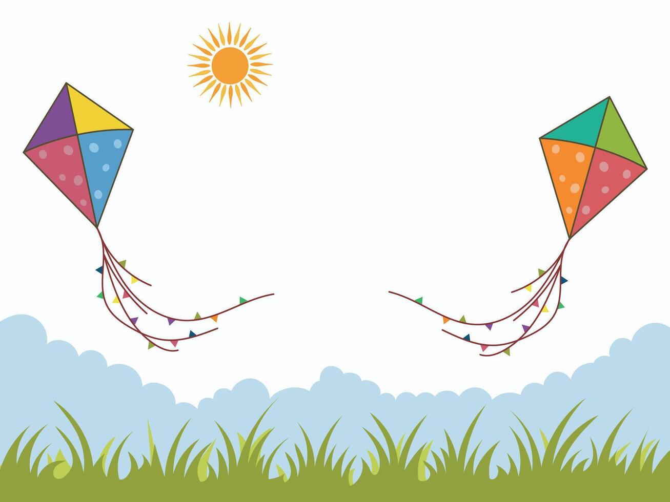 Colorful Kites and Sun on Grass Background for Happy Makar Sankranti Concept. vector