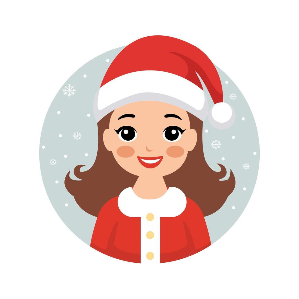 Cartoon Smiling Girl Character Wearing Santa Hat on the Occasion of Merry Christmas. vector