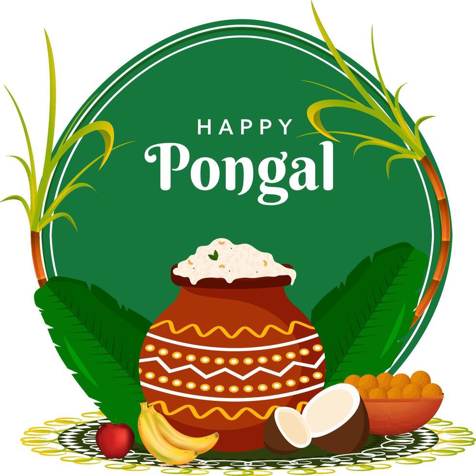 Happy Pongal Celebration Poster Design with Festival Elements on Green and White Background. vector