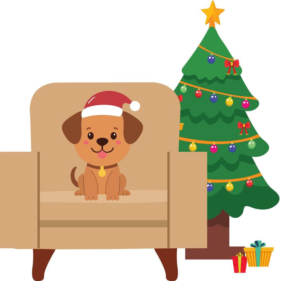 Cartoon Character of Cute Puppy Wearing Santa Hat at Sofa and Decorative Xmas Tree for Merry Christmas Festival. vector