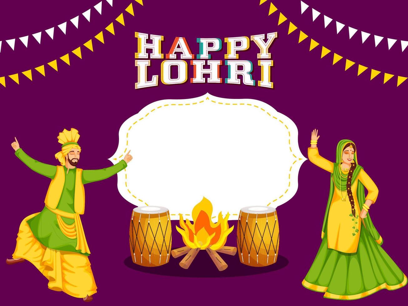 Cartoon Punjabi Couple Doing Bhangra Dance with Dhol Instruments, Blank Frame and Bonfire for Happy Lohri. vector