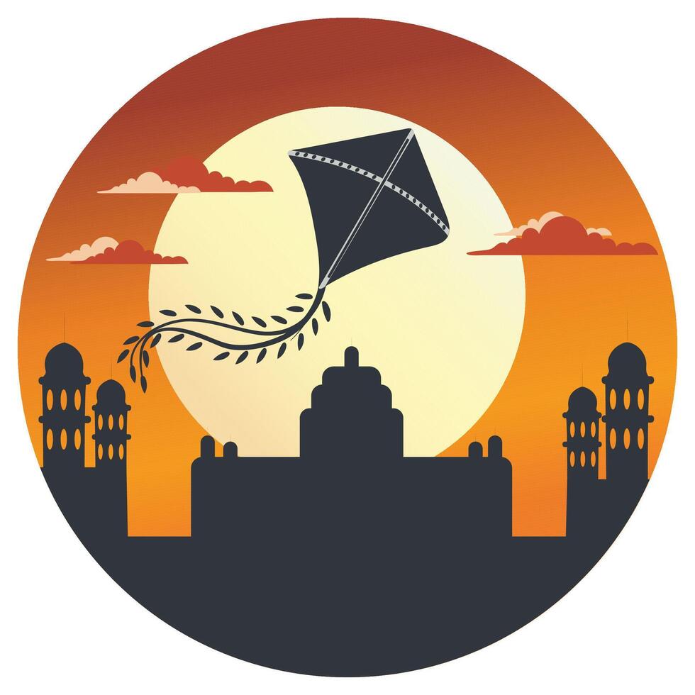 Happy Makar Sankranti Poster Design with Kite, Silhouette Building on Sun Background. vector