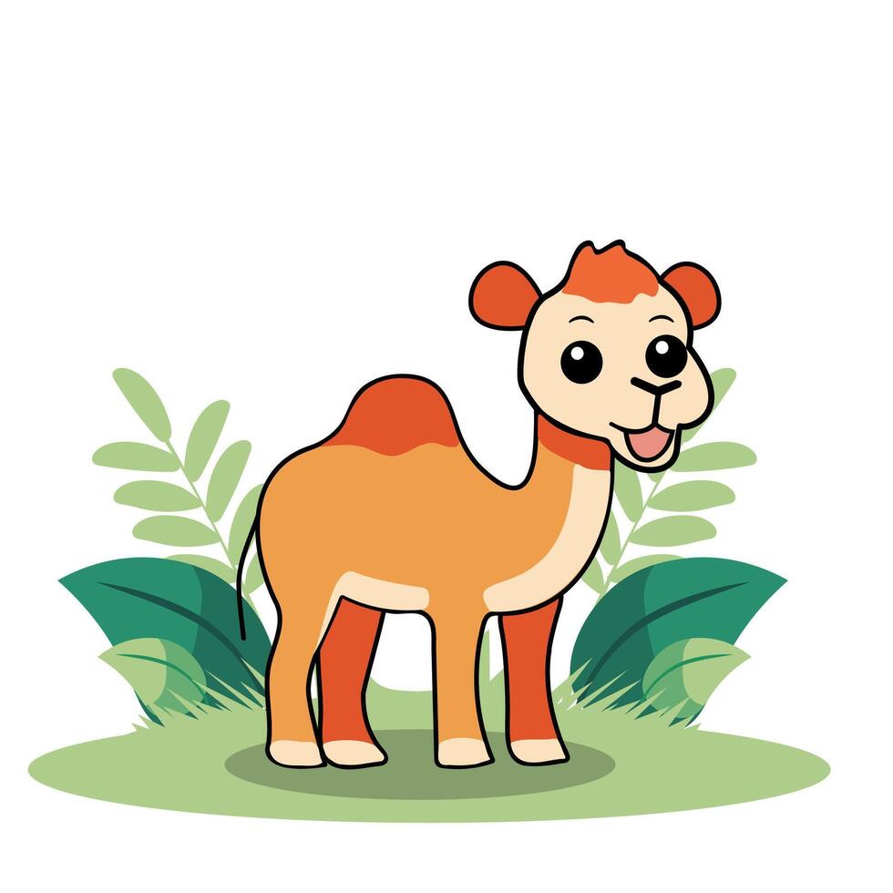 Cute Cartoon Camel Baby Character on Nature Background. vector