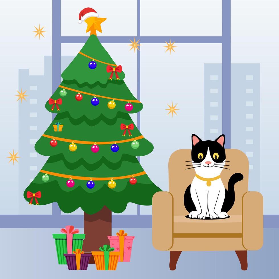 Merry Christmas Celebration-Cartoon Cat Sit on Arm Chair with Decorative Christmas Tree and Gift Box at Home Illustration. vector