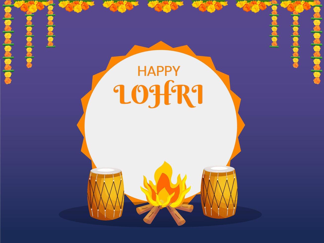 Happy Lohri Celebration Poster with Dhol Instruments, Bonfire and Floral Garland Decorated Background. vector