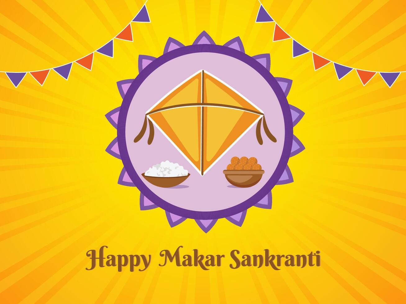 Happy Makar Sankranti Poster Design with Kite, Indian Sweet Laddu, Khichadi Bowl on Yellow Rays Background. vector