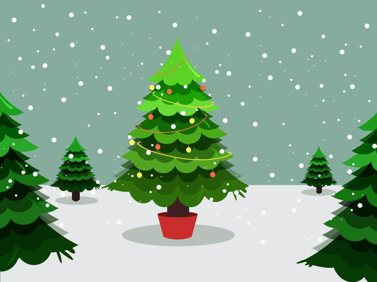 Merry christmas celebration with beautiful decorative christmas trees in snowfall landscape illustration. vector