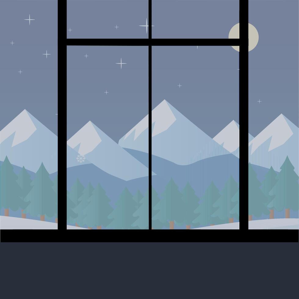 Snowy Mountain Landscape Window Scene Background. vector