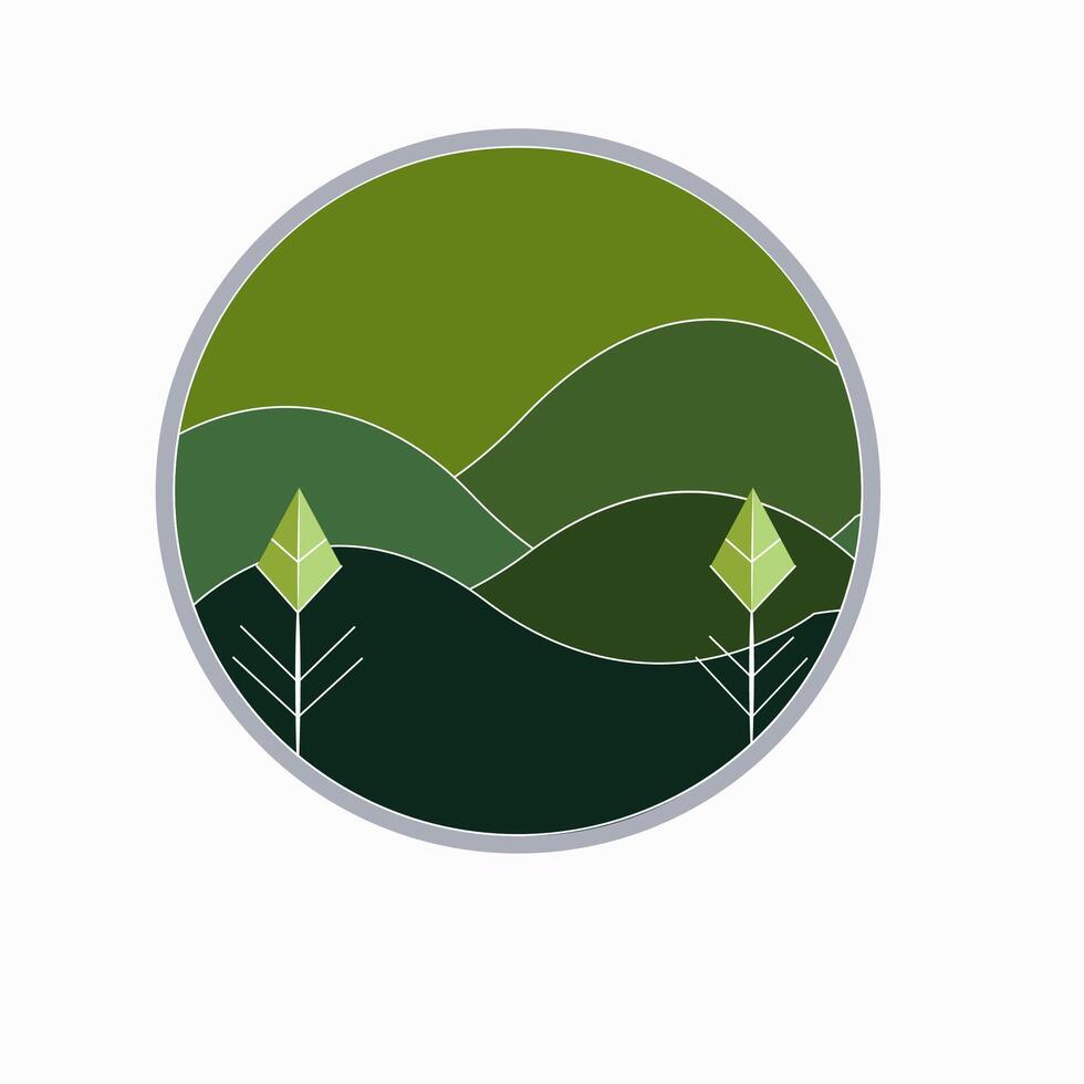 Green hill landscape scenery in circle frame illustration. vector