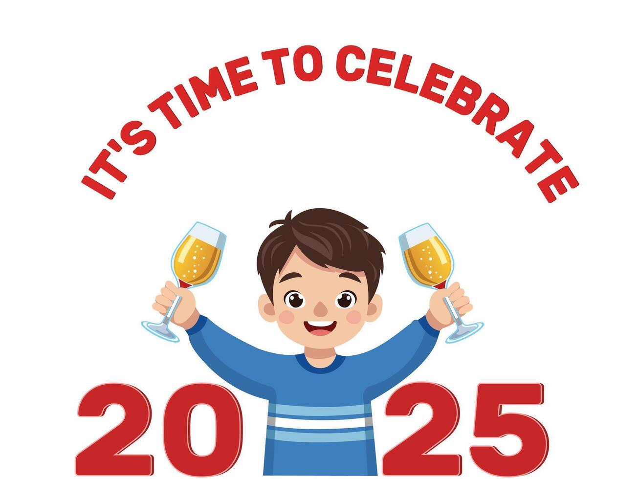 Cartoon Illustration of Boy Holding Drink Glasses and Celebrating 2025 New Year Eve on White Background. vector