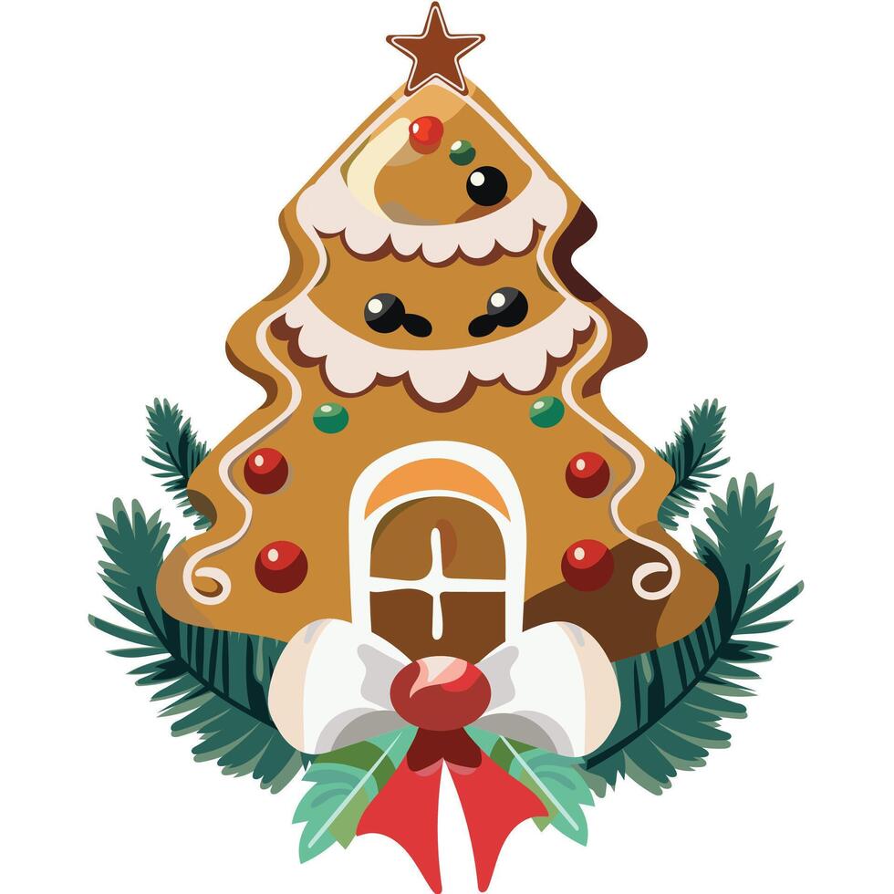 Decorative Gingerbread Xmas Tree with Bow Ribbon and Fir Leaves on White Background for Merry Christmas Festival. vector