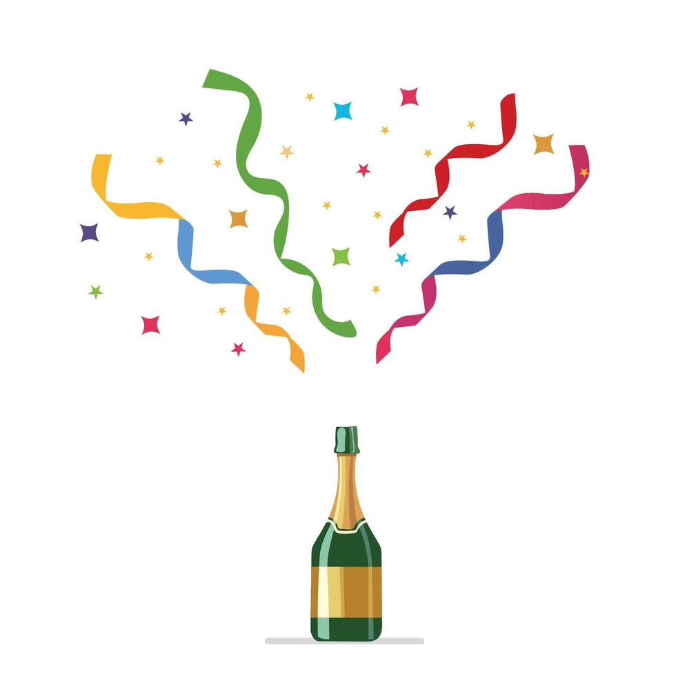 Isolated Champagne Bottle and Flying Confetti on Celebration Flat Element . vector
