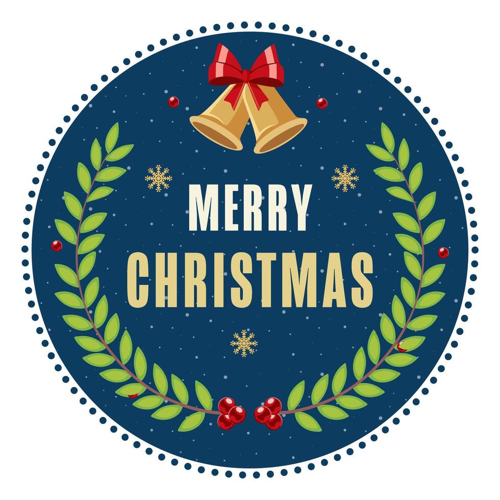 Merry Christmas Greeting Card with Green Laurel Wreath, Jingle Bells on Blue and White Background. vector