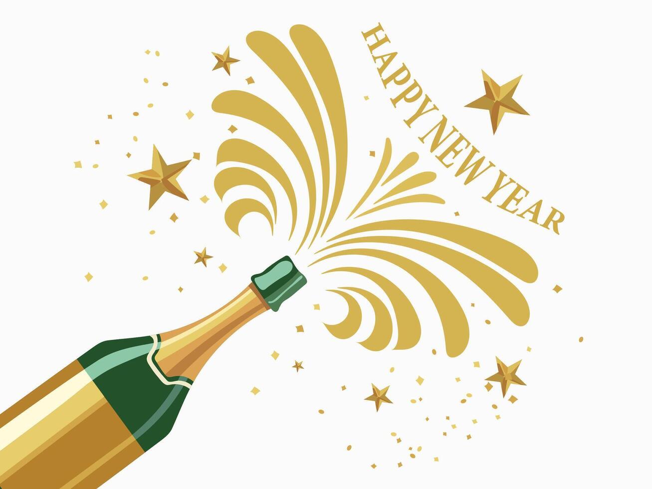 Illustration of Open Champagne Bottle Flying Happy New Year Text for Celebration Background. vector