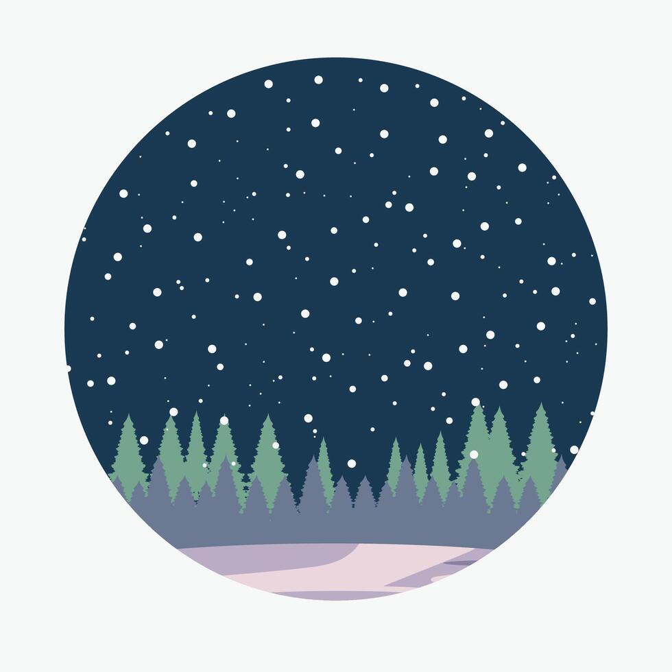 Beautiful night snowfall with christmas tree scenery in circle frame illustration. vector