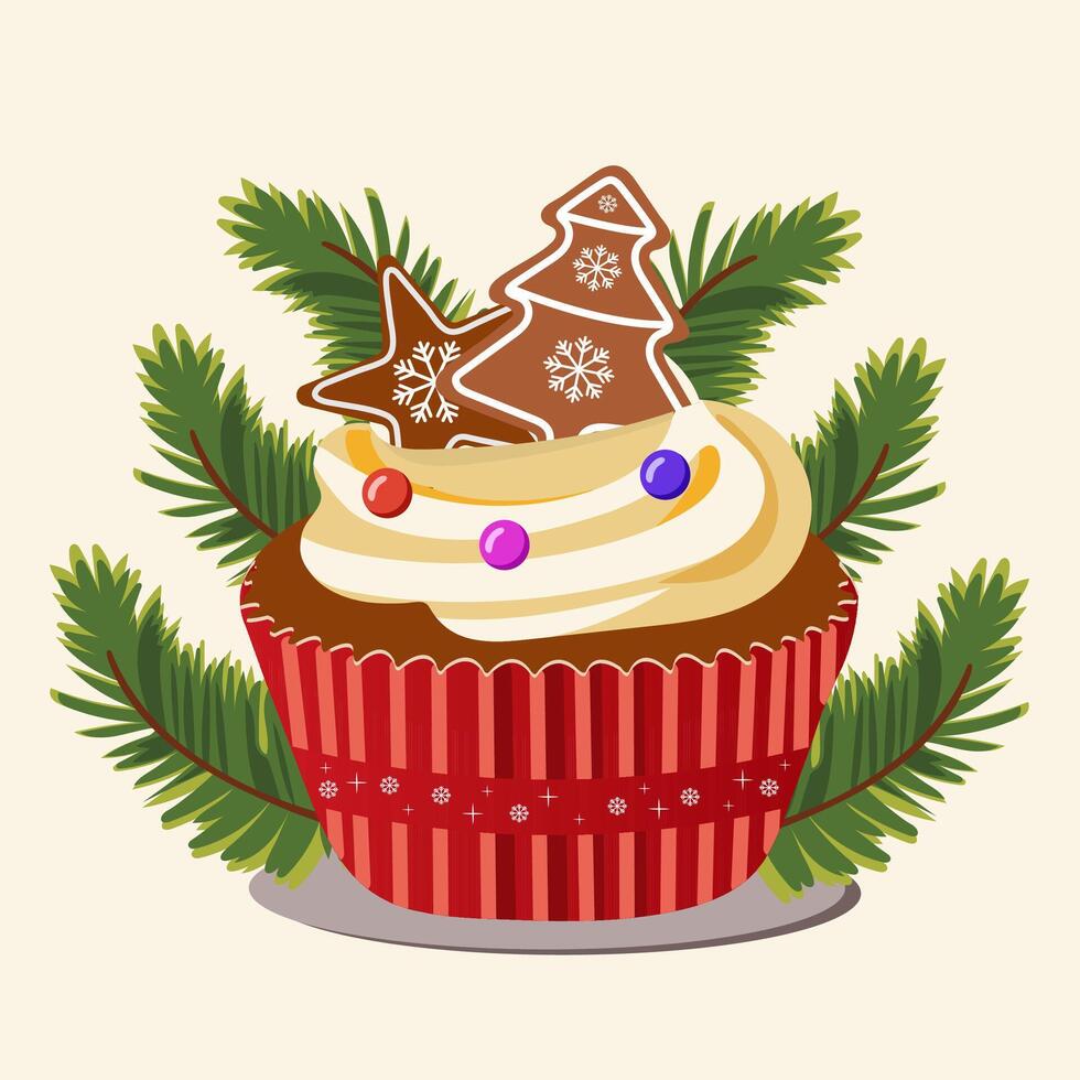 Gingerbread Cupcake and Fir Leaves on Pastel Yellow Background for Merry Christmas Festival. vector