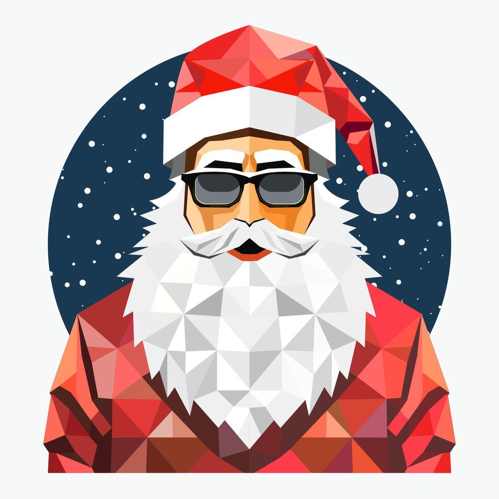 Polygonal cool santa claus cartoon wearing goggles in snowfall night illustration. vector