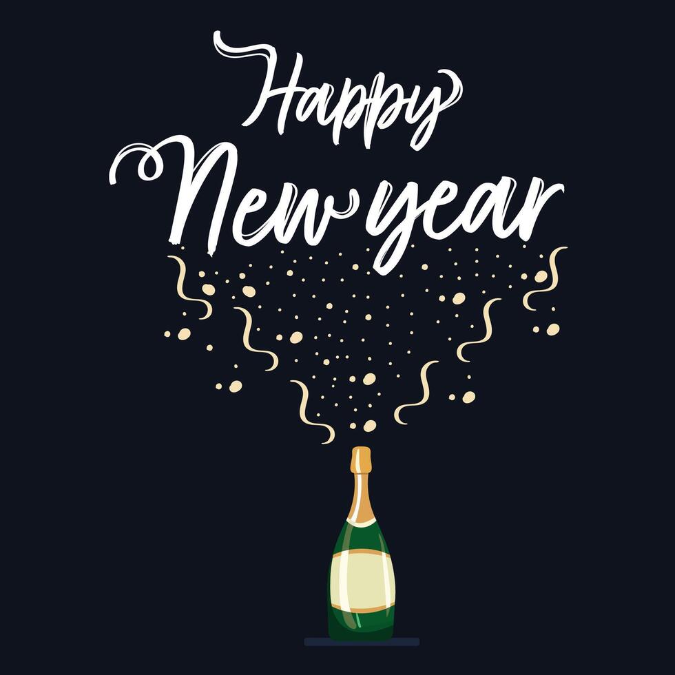 Happy New Year Greeting Card Design With Open Champagne Bottle Flying and Calligraphy Text in Dark Background Illustration. vector