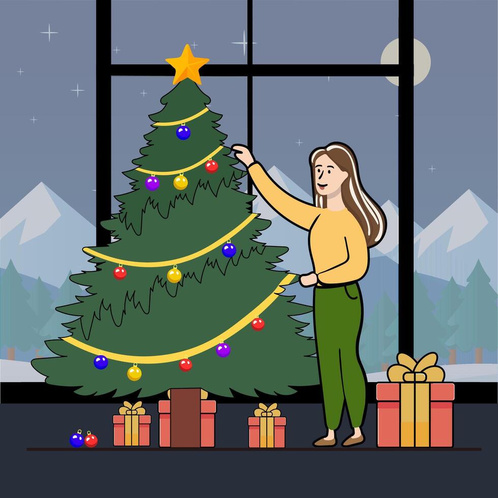 Cartoon Girl Character Decorating Xmas Tree with Gift Boxes for Merry Christmas Celebration. vector