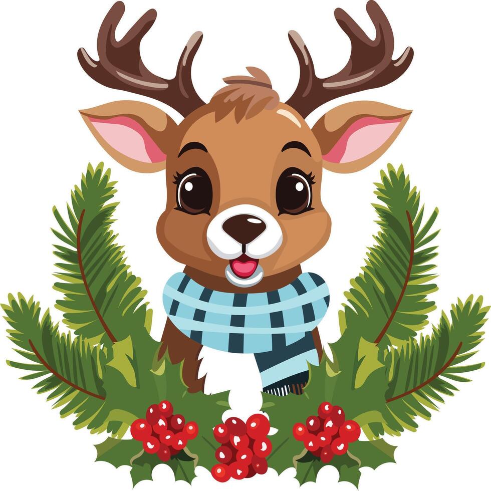 Cartoon cute reindeer wearing santa cap and sitting on holly berries background. vector