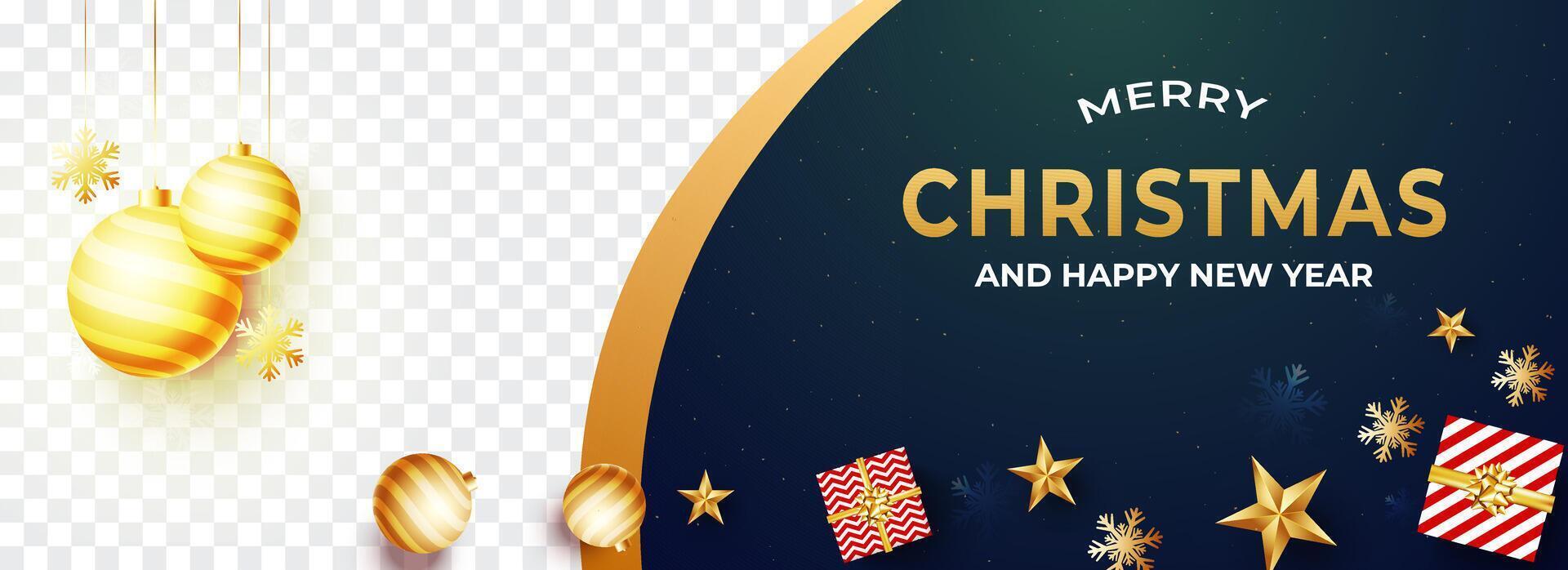 Merry Christmas and Happy New Year Banner Design with Gift Boxes, Golden Baubles and Stars Decorated on Blue and Background. vector