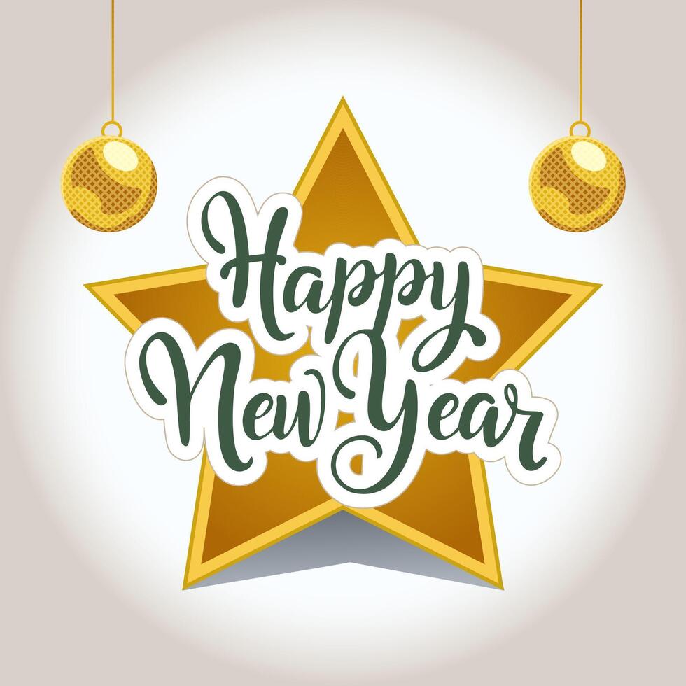 Sticky Sticker Happy New Year Calligraphy Text Star with Golden Hanging Baubles Decoration Illustration. vector
