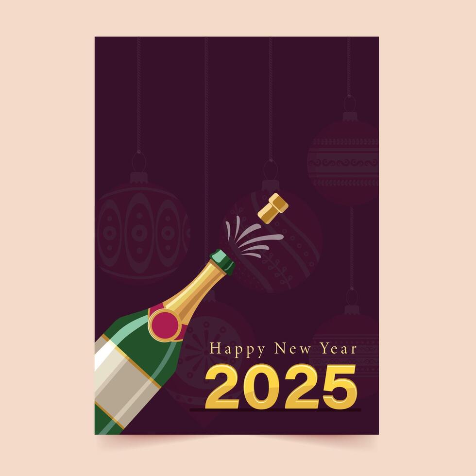 Happy New Year 2025 Party Template Design with Open Champagne Bottle Against Baubles Decoration Burgundy Background Illustration. vector