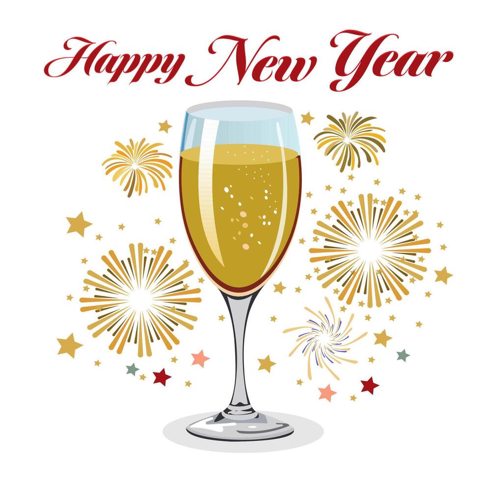 Happy New Year Greeting Card Design with Wine Glass in Golden Firework Background. vector