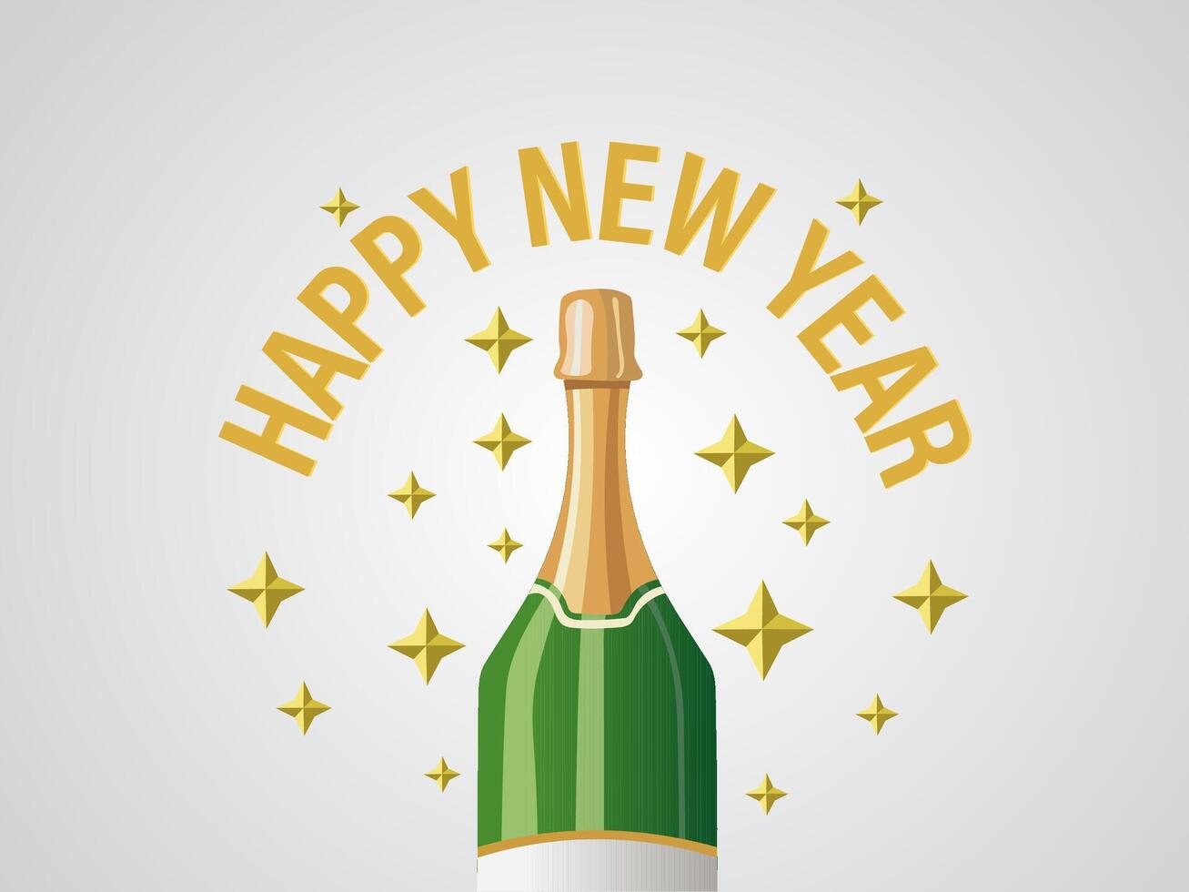 Happy New Year Greeting Card Design With Champagne Bottle with Golden Stars in White Background Illustration. vector