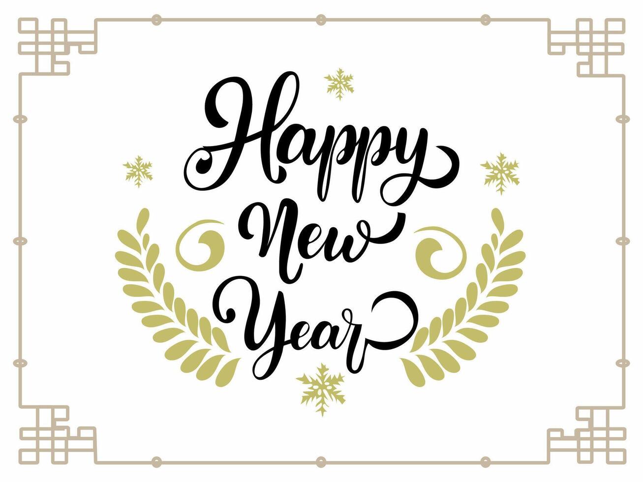 Happy New Year Greeting Card Design with Calligraphy Text and Wreath Illustration. vector