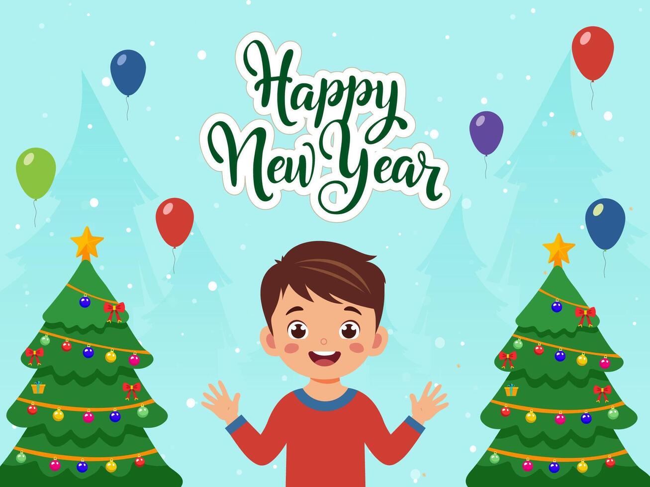 Happy New Year Greeting Card Design with Happy Boy Cartoon, Christmas Tree and Balloons Decorated in Snowfall Sky Blue Background Illustration. vector