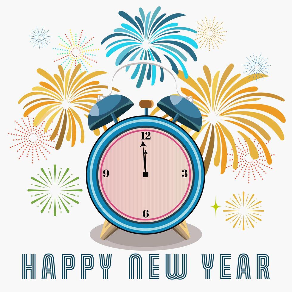 Happy New Year Celebration Time Clock with Colorful Firework Illustration. vector