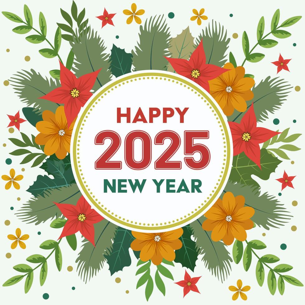 Happy New Year Greeting Card Design with Floral Round Frame Decoration Illustration. vector
