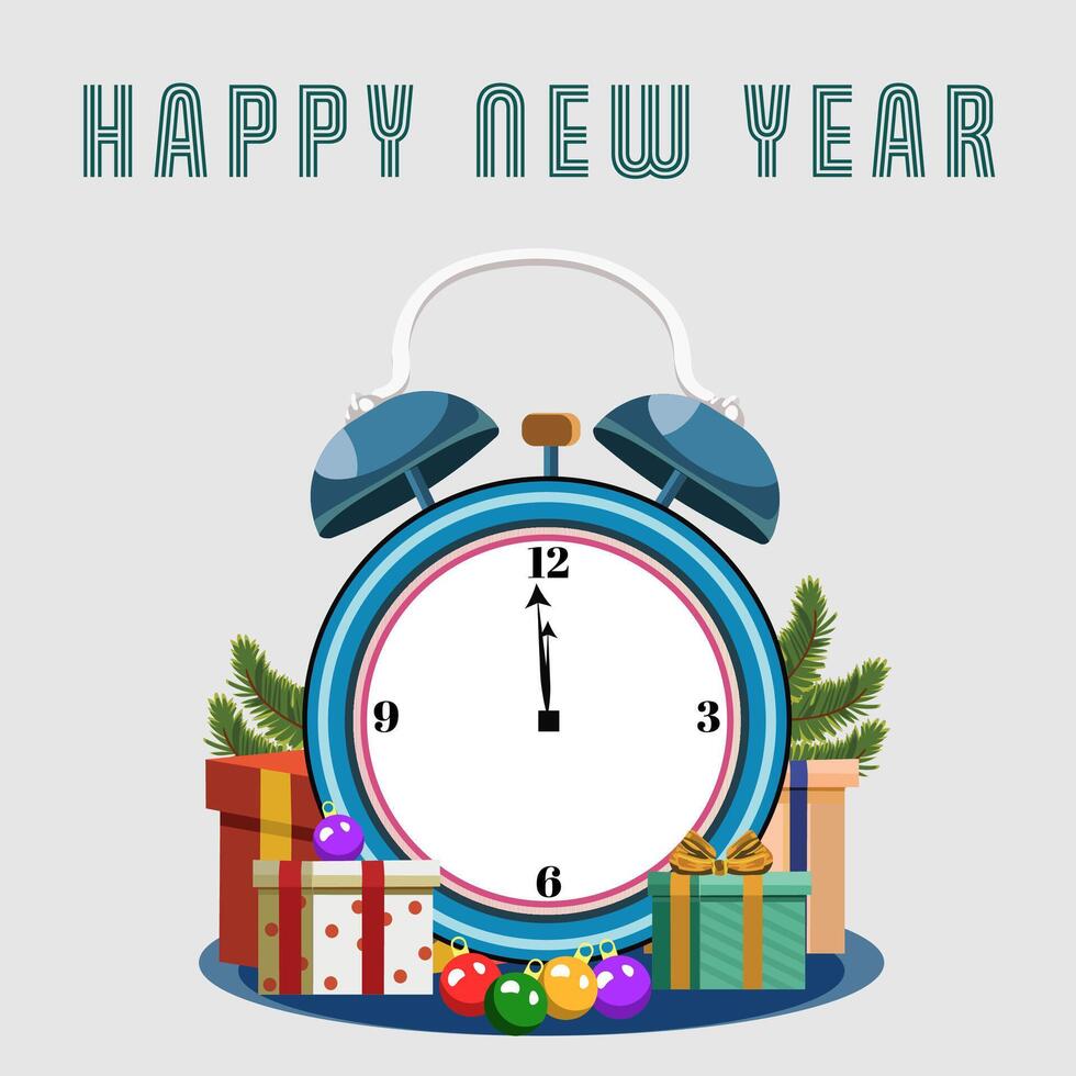 Happy New Year Greeting Card with Clock, Gift Boxes, For Leaves, Baubles Decoration White Background Illustration. vector