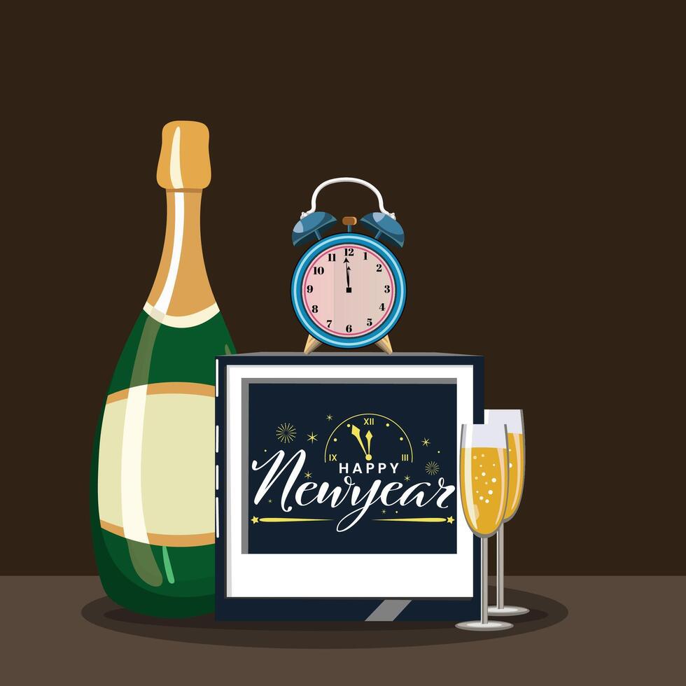 Happy New Year Greeting Card with Clock, Champagne Glass, Bottle in Brown Background Illustration. vector