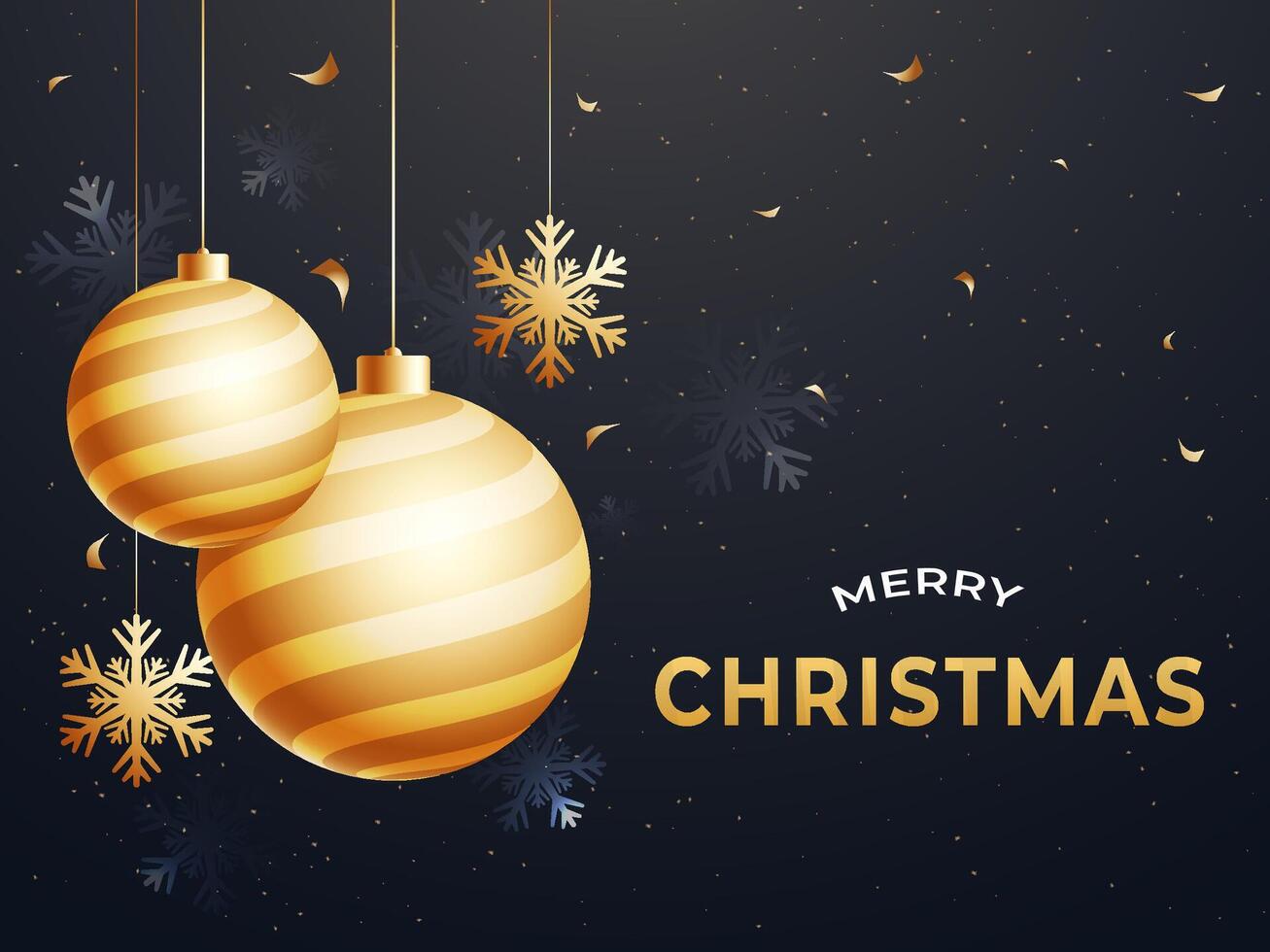 Merry Christmas Greeting Card with Golden Baubles Hang on Snowflake Dark Background. vector