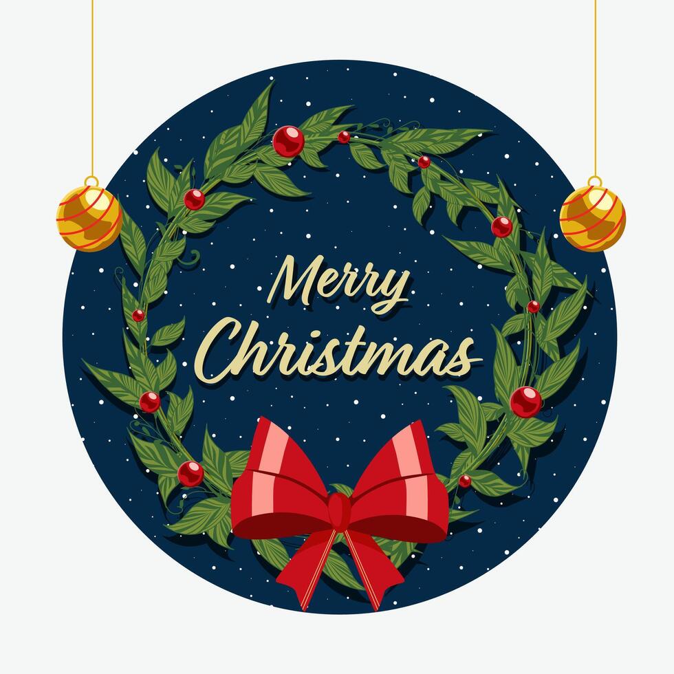 Merry Christmas Greeting Card with Decorative Wreath and Baubles Hang on White Background. vector