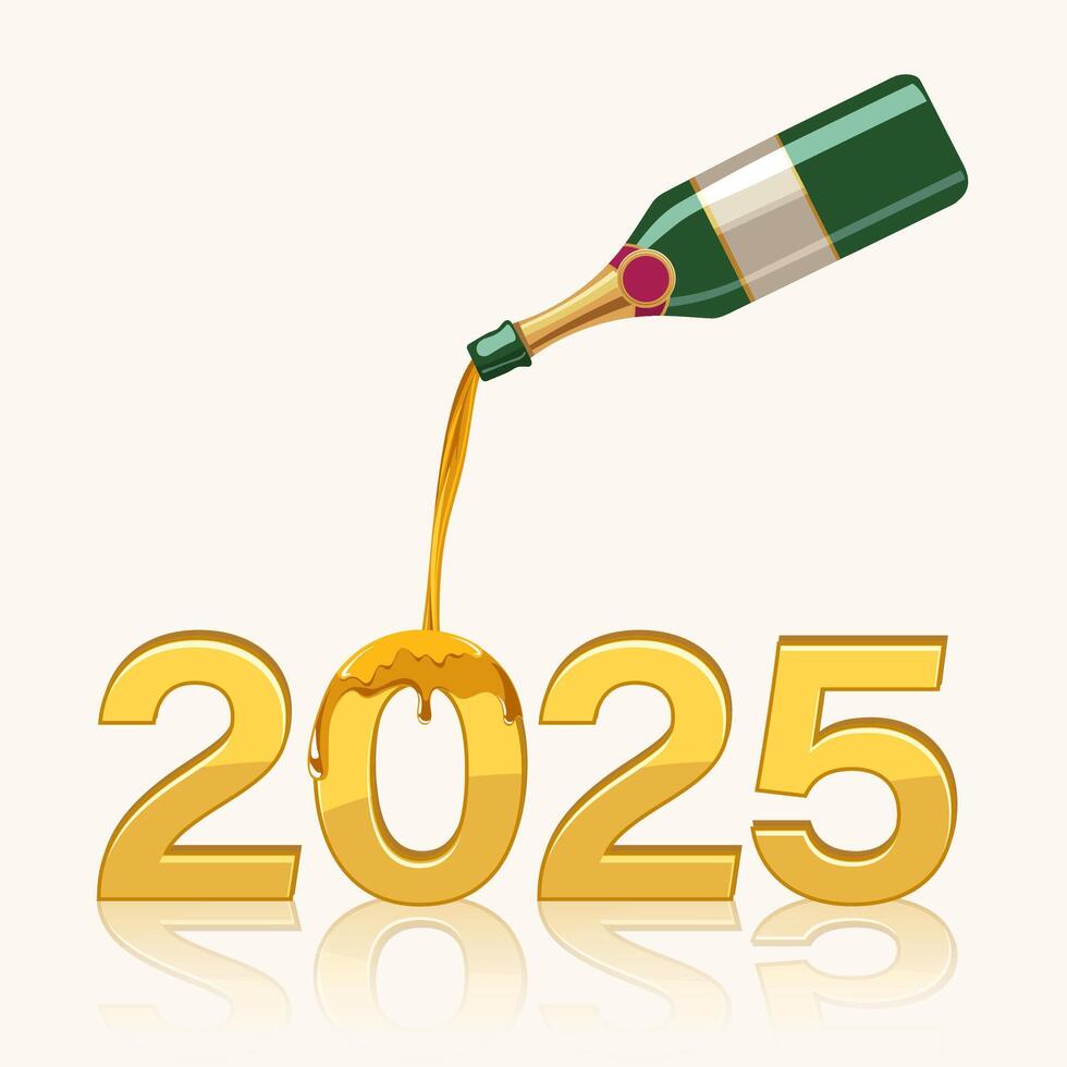 Illustration of Champagne Pouring on 2025 Number for Happy New Year Greeting Card Design Illustration. vector