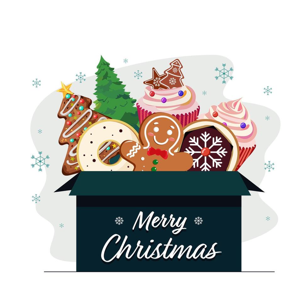 Merry Christmas Greeting Card with Box Full of Gingerbread, Donut, Cookies, Cupcake and Xmas Tree on White Background. vector