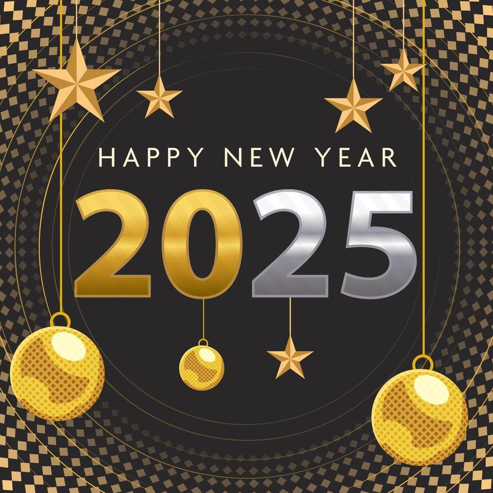 Elegant Happy New Year 2025 Poster Design Decorate with Star and Bauble Hanging in Dark Abstract Background Illustration. vector