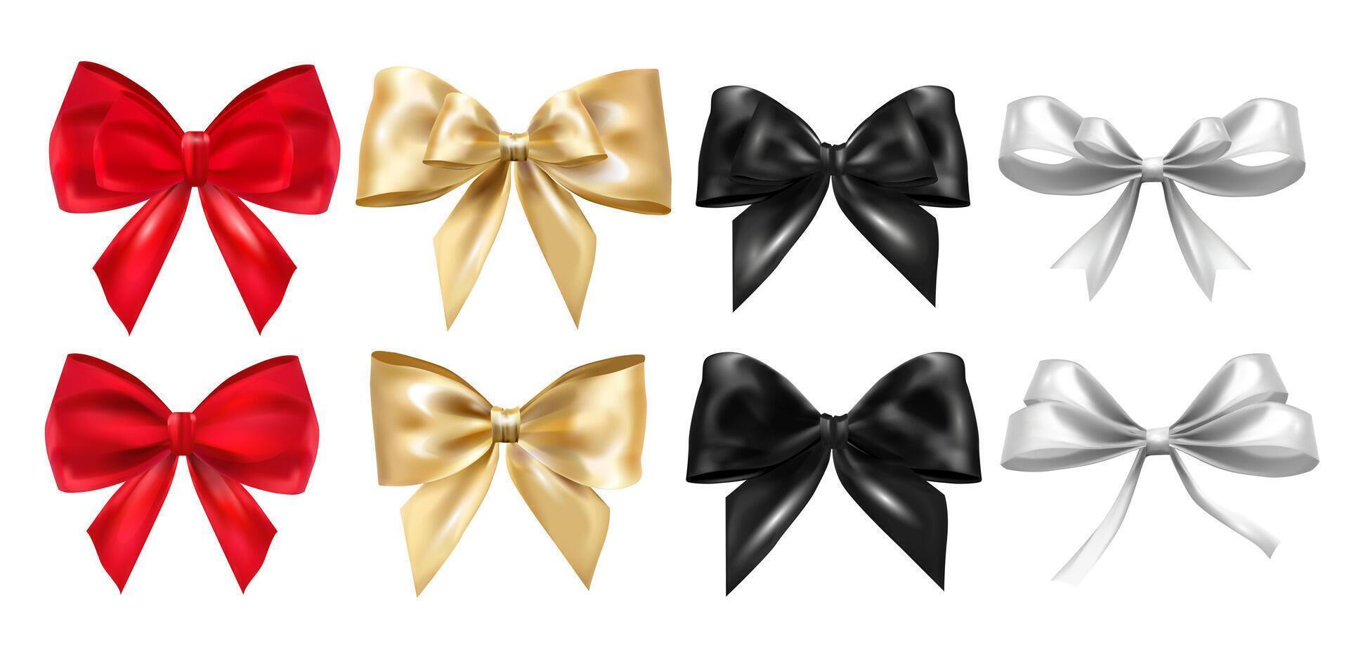 Realistic shiny bows of different colors and shapes set isolated on a white. Holiday bows for decorating banners, gifts, special offers, promotions. Elegant satin bow red, gold, black, silver vector