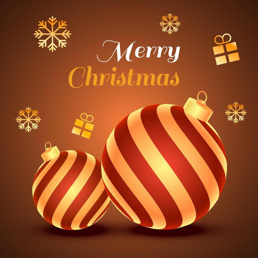Merry Christmas Greeting Card Design with Realistic Baubles, Snowflakes and Gift Boxes on Shiny Brown Background. vector